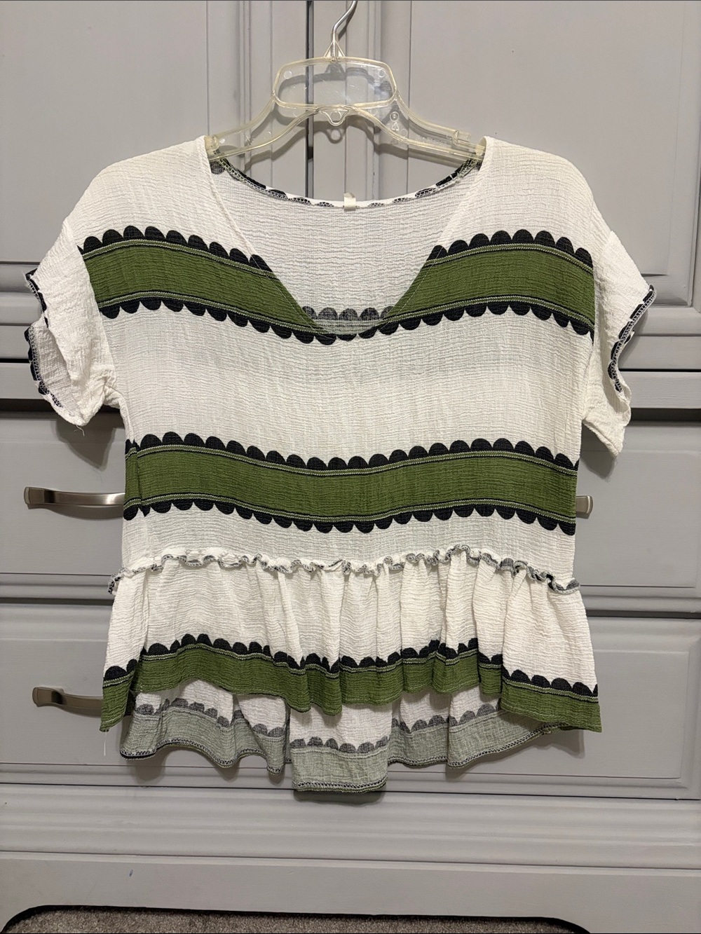 Women’s White & Olive Green Striped Peplum Cropped Top